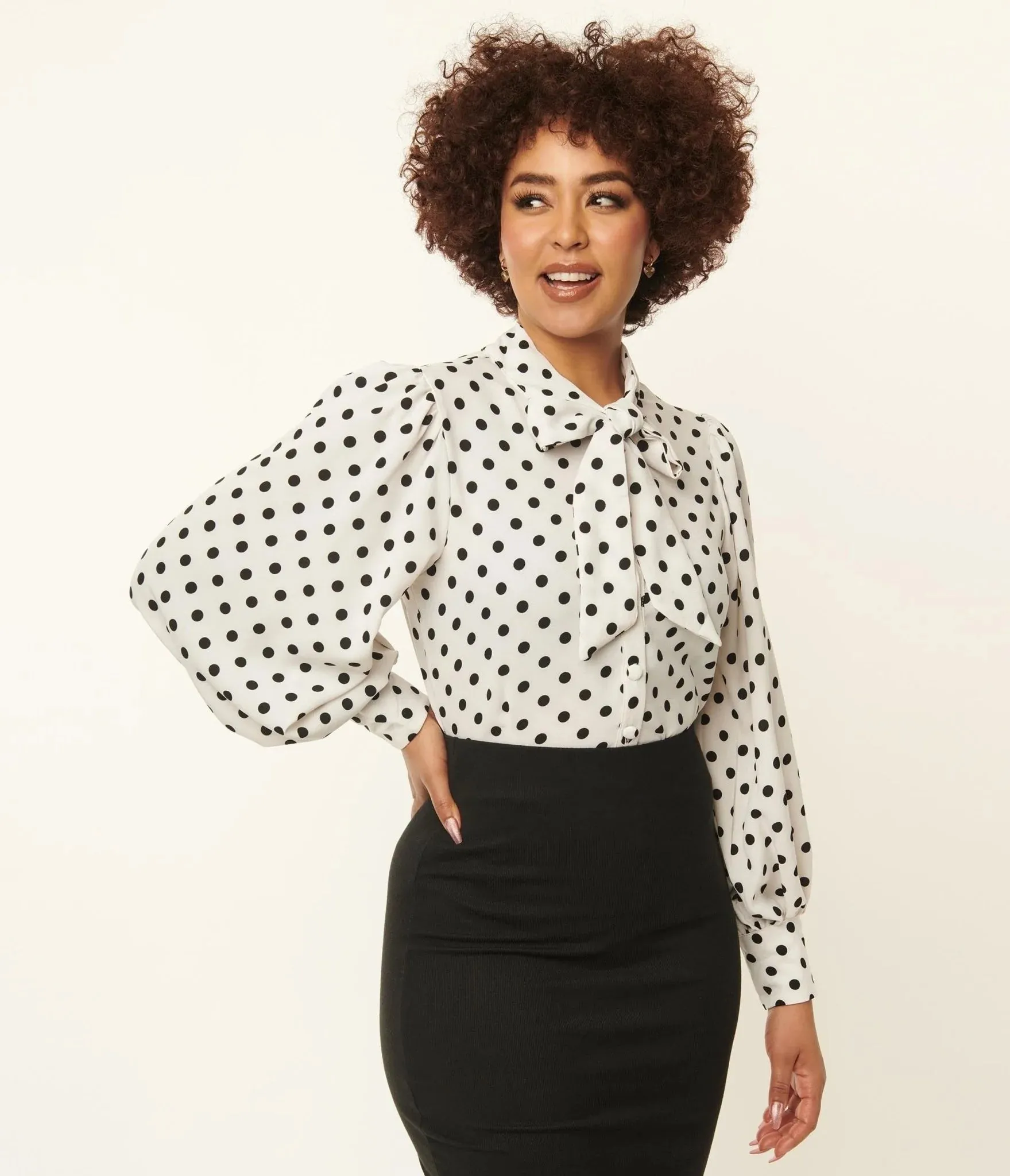 1940s White & Black Polka Dot Neck Tie Gwen Blouse by Unique Vintage