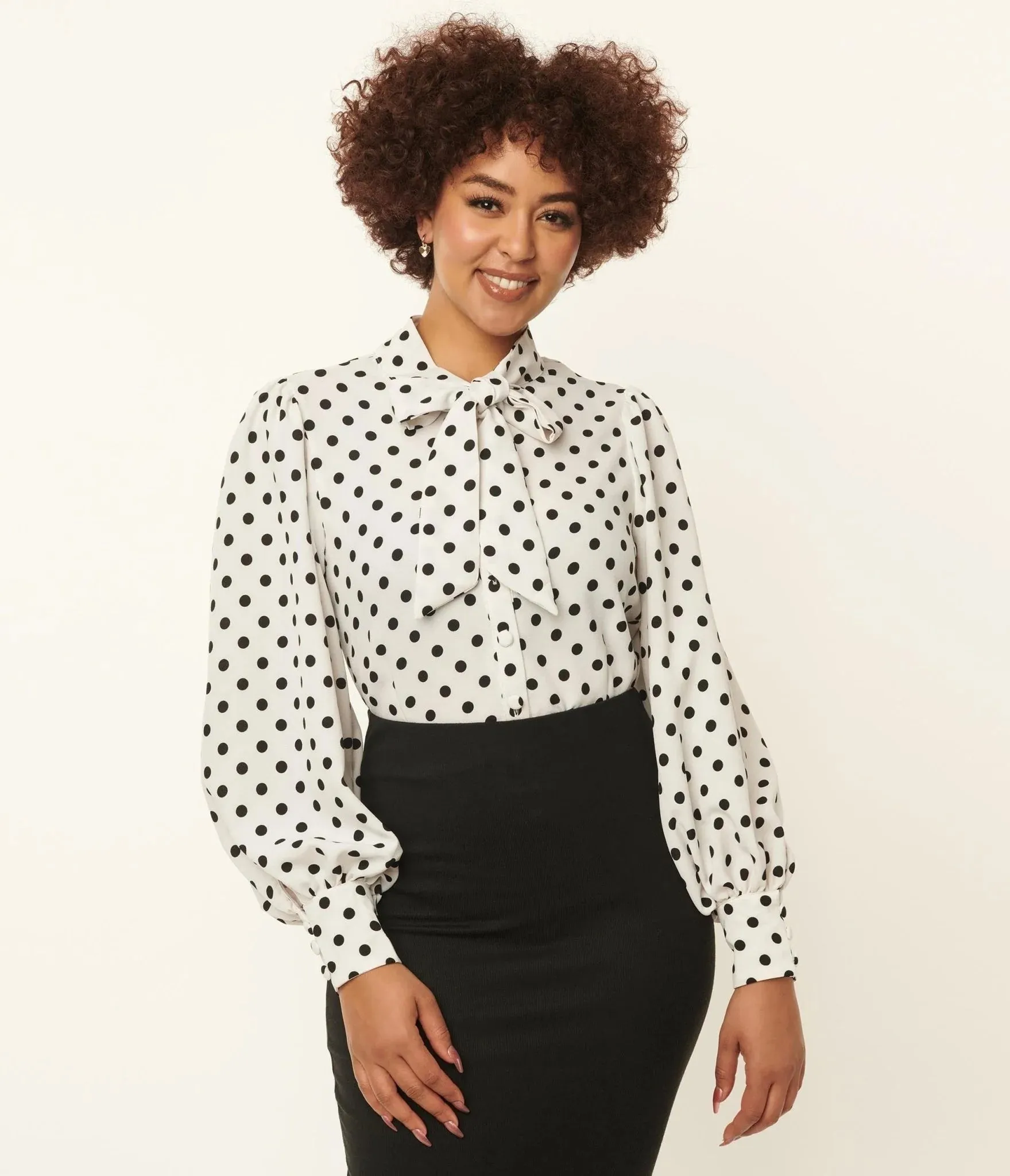 1940s White & Black Polka Dot Neck Tie Gwen Blouse by Unique Vintage