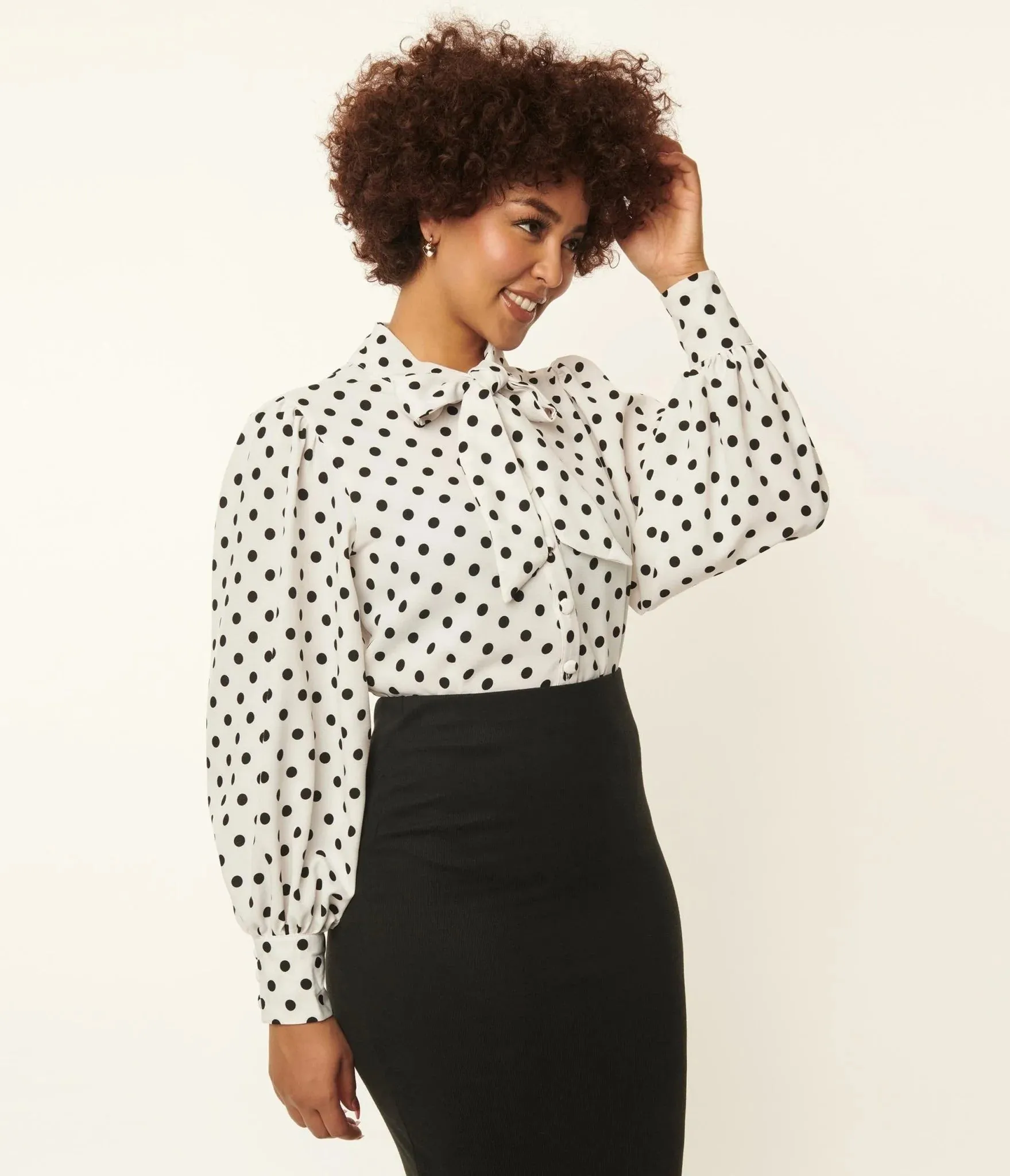 1940s White & Black Polka Dot Neck Tie Gwen Blouse by Unique Vintage