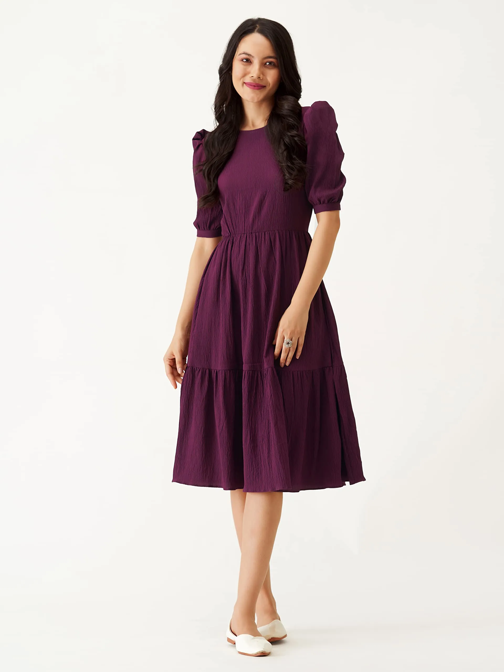 AASK Women A-Line Purple Regular Fit Knee Length Dress_L