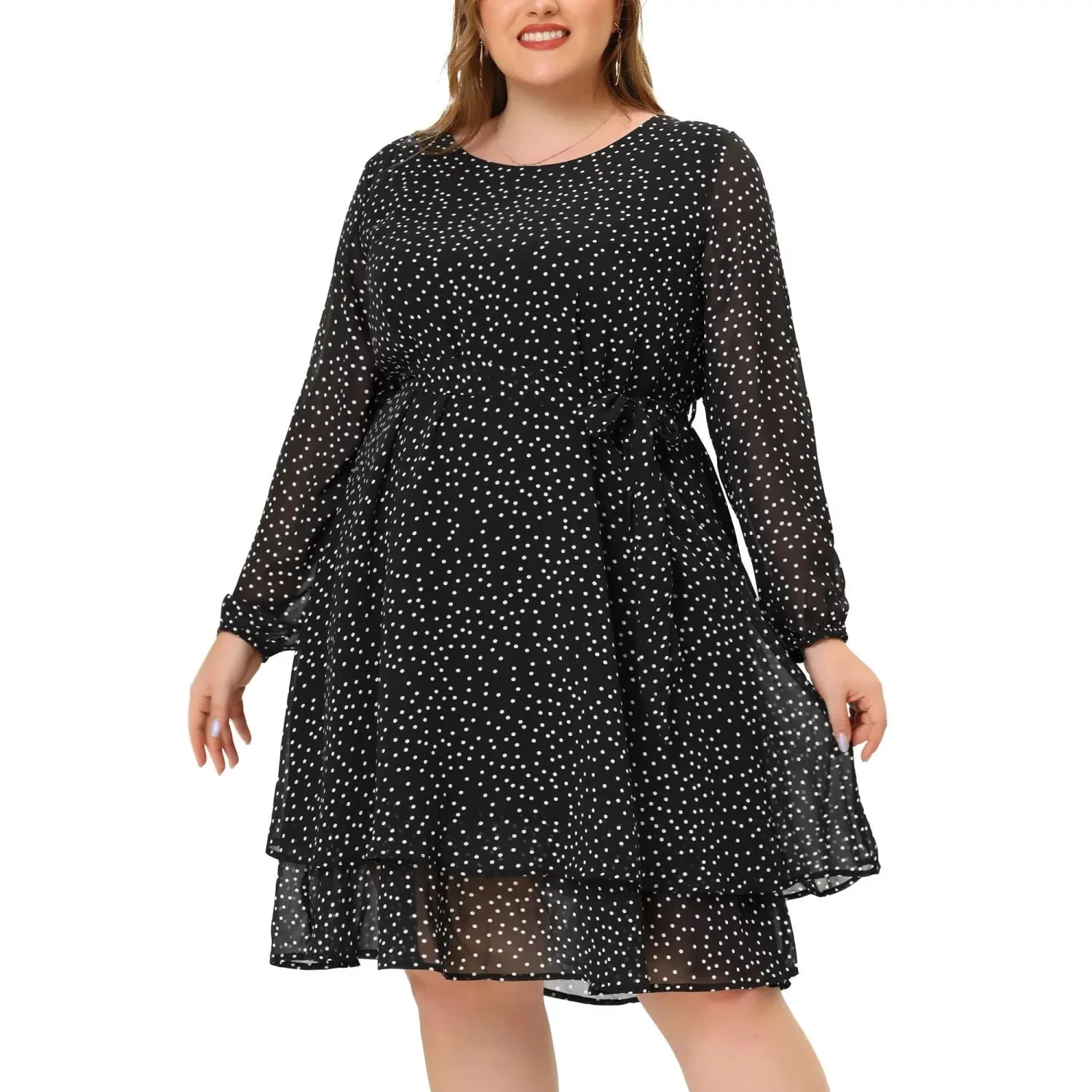 Agnes Orinda Women's Plus Size Long Sleeve Polka Dot Tie Waist Chiffon Dress ,  black