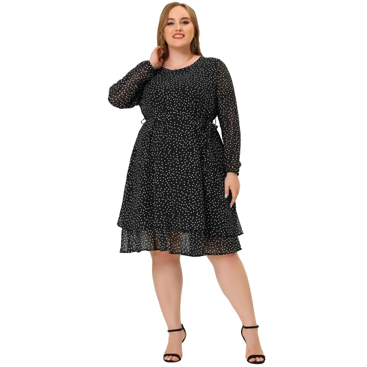 Agnes Orinda Women's Plus Size Long Sleeve Polka Dot Tie Waist Chiffon Dress ,  black