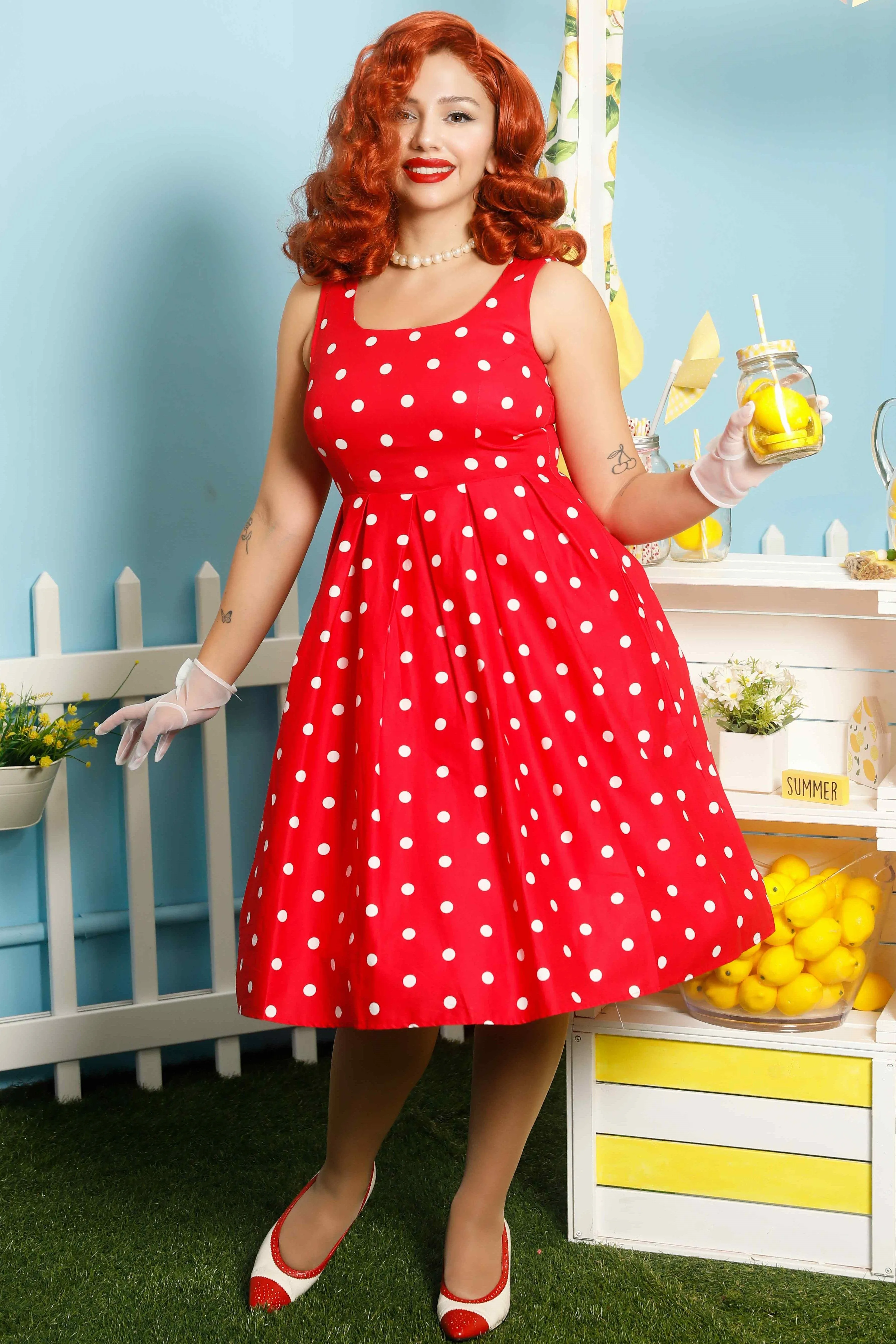 Amanda Polka Dot Swing Dress In Red & White