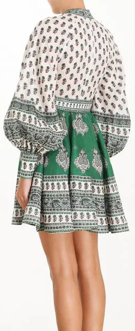 'Amari' Emerald Buttoned Dress in Green Paisley