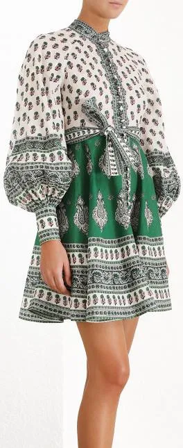 'Amari' Emerald Buttoned Dress in Green Paisley