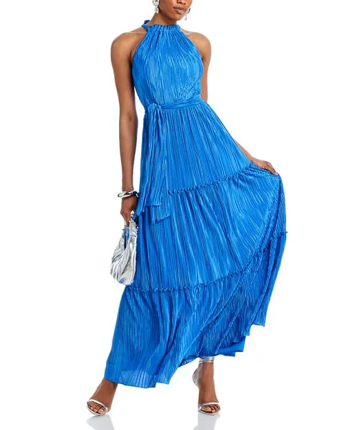 AQUA Tie Waist Pleated Dress, Blue