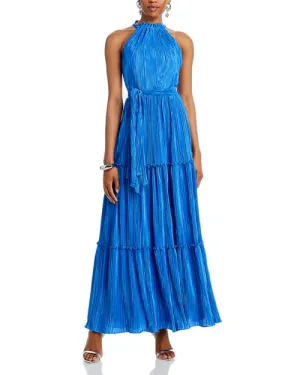 AQUA Tie Waist Pleated Dress, Blue