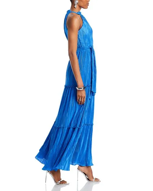 AQUA Tie Waist Pleated Dress, Blue