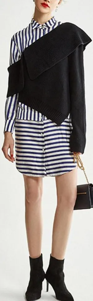 Asymmetrical Knit Sweater and Stripe Shirt-Dress