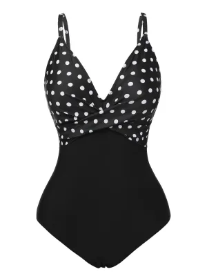 Black 1930s Polka Dots One-Piece Swimsuit