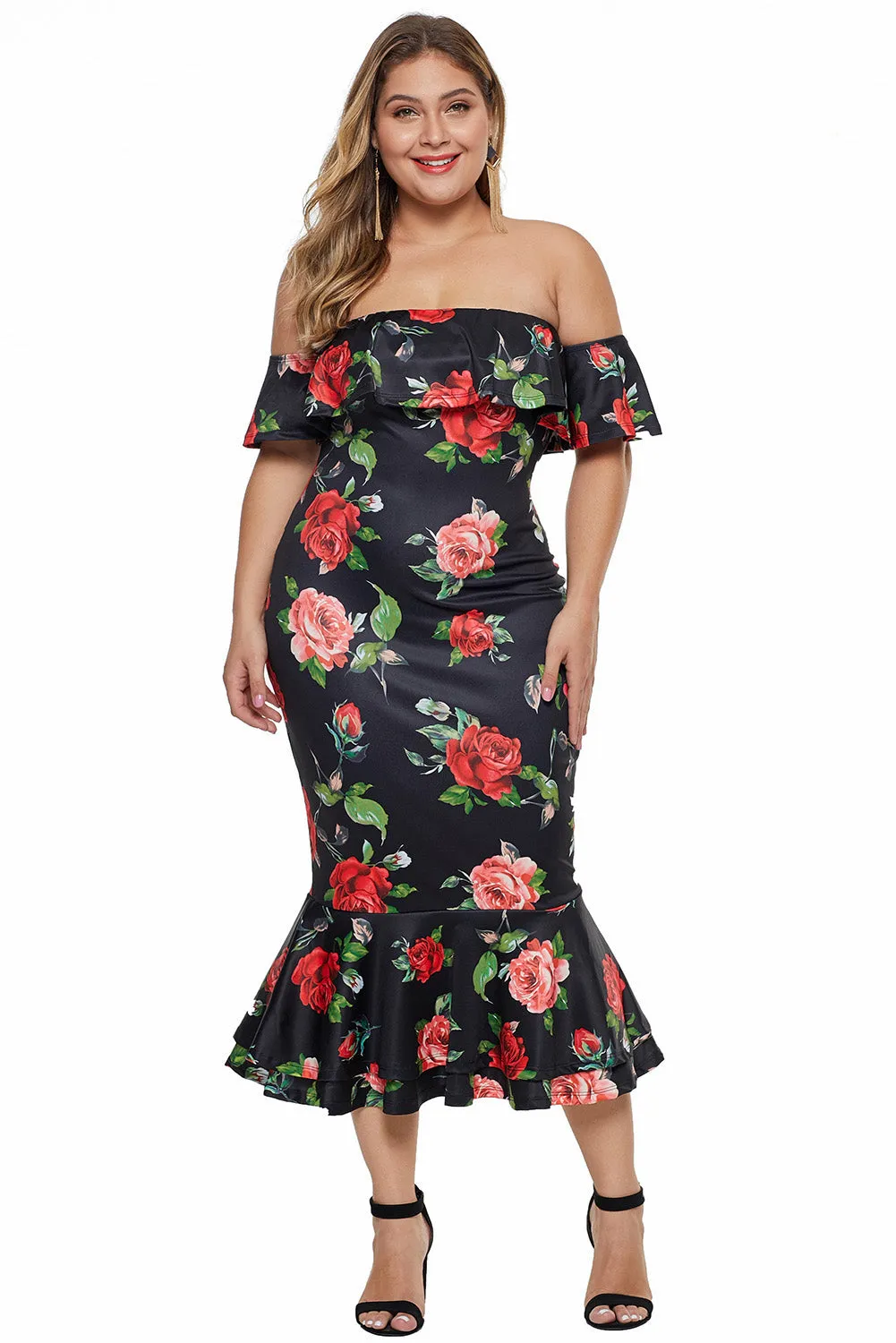 Black Floral Mermaid Plus Size Midi Dress