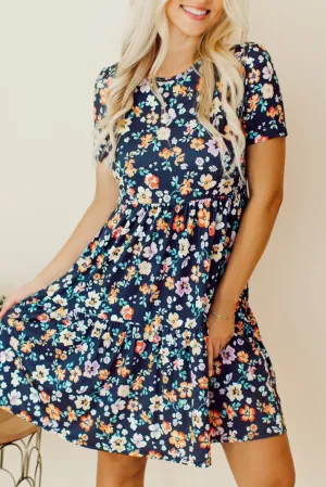 Blue Floral Ruffle Skirt Shift Dress