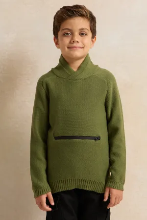 Boys Olive Solid Sweater