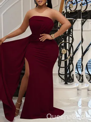 Burgundy Strapless Mermaid Evening Gown Maxi Long Evening Party Prom Dresses with Slit,WGP1203