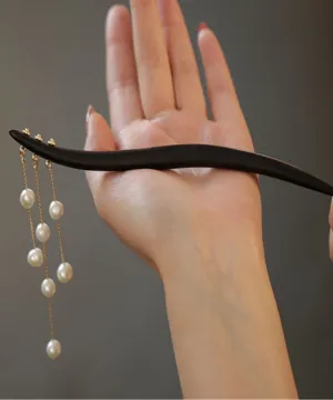 Chinese Style Black Wooden Pearl Tassel Wooden Hairpin PO053