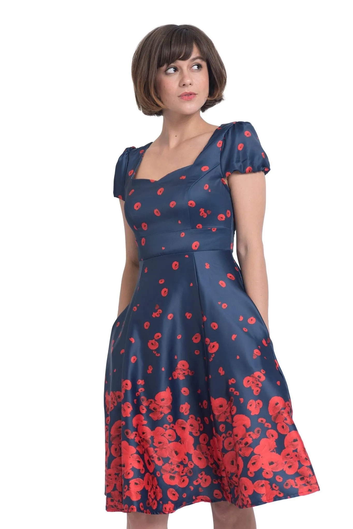 Claudia Cap Sleeve Poppy Floral Print Dress in Navy Blue-Red