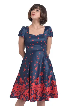 Claudia Cap Sleeve Poppy Floral Print Dress in Navy Blue-Red