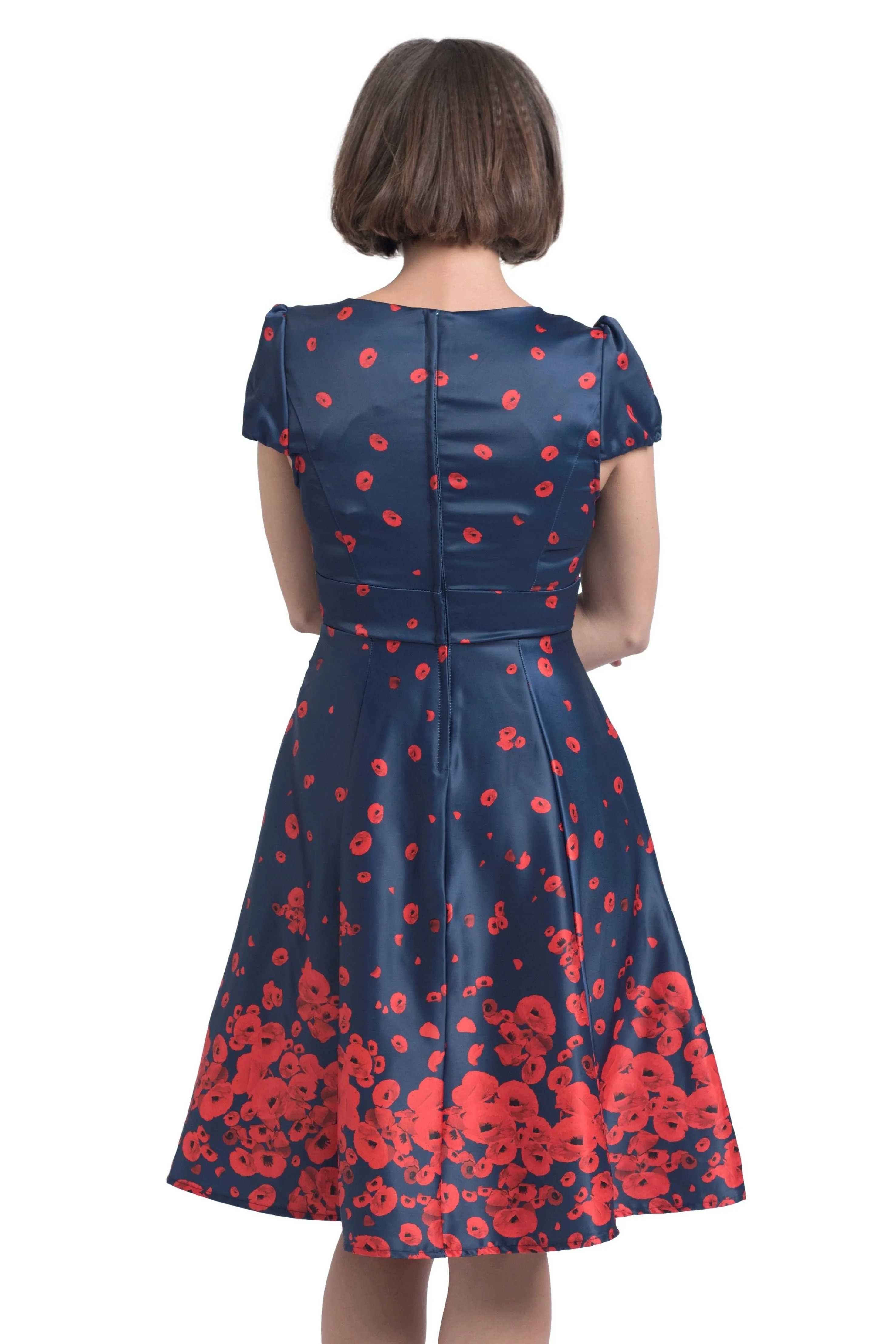 Claudia Cap Sleeve Poppy Floral Print Dress in Navy Blue-Red