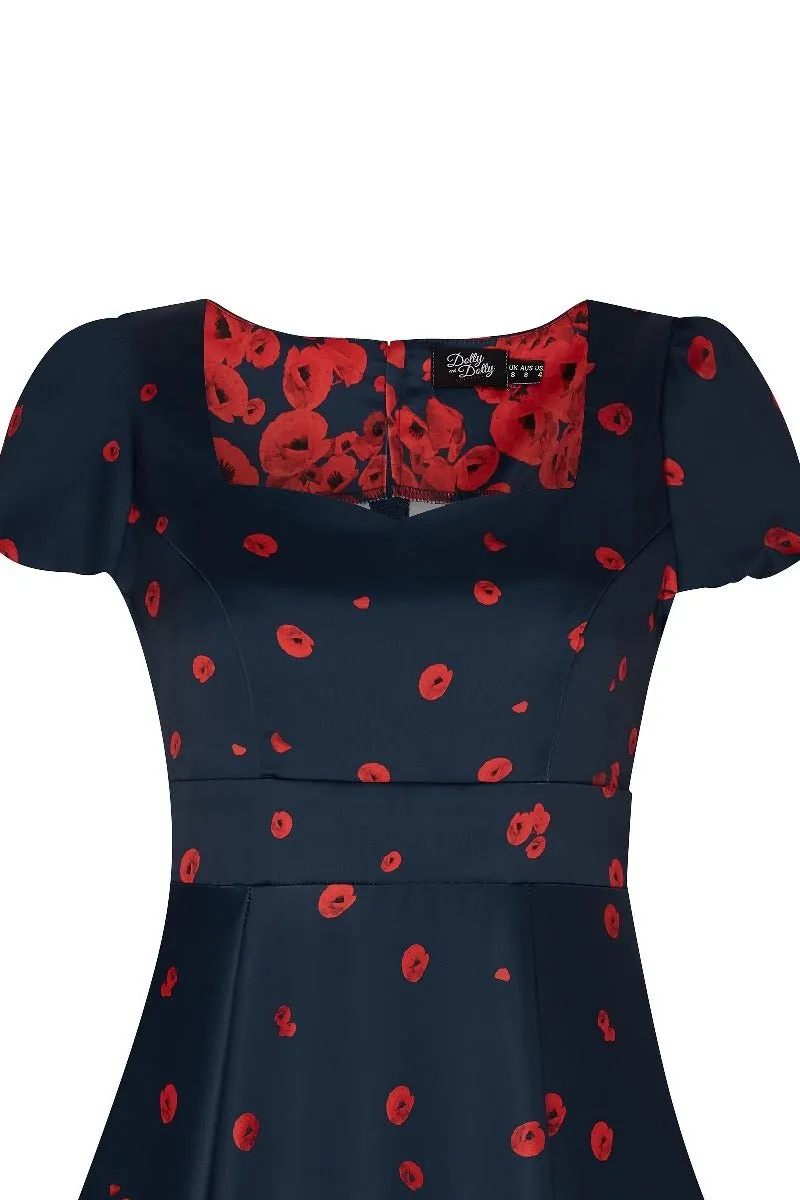 Claudia Cap Sleeve Poppy Floral Print Dress in Navy Blue-Red