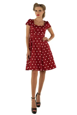 Claudia Fifties Style Polka Dot Dress In Burgundy-White