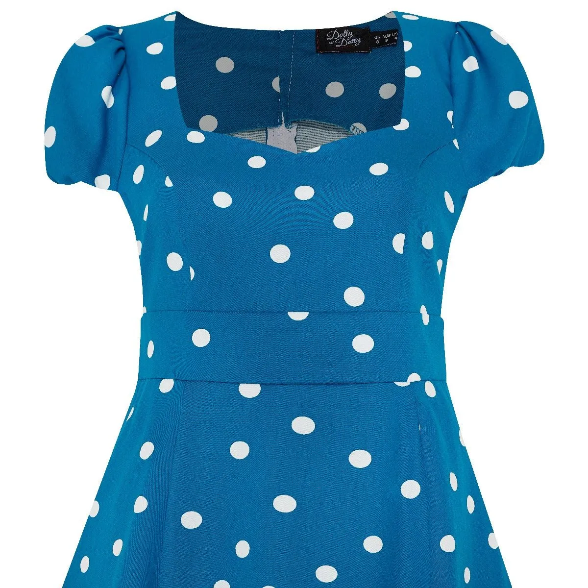 Claudia Flirty Fifties Style Dress Peacock Blue & White Polka Dots