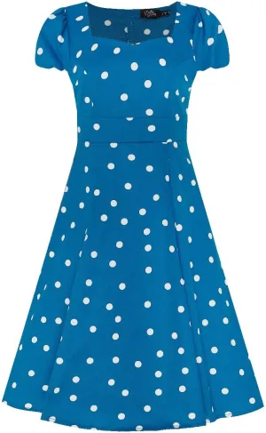 Claudia Flirty Fifties Style Dress Peacock Blue & White Polka Dots