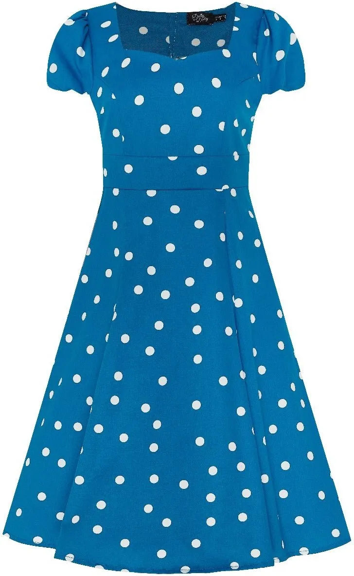 Claudia Flirty Fifties Style Dress Peacock Blue & White Polka Dots