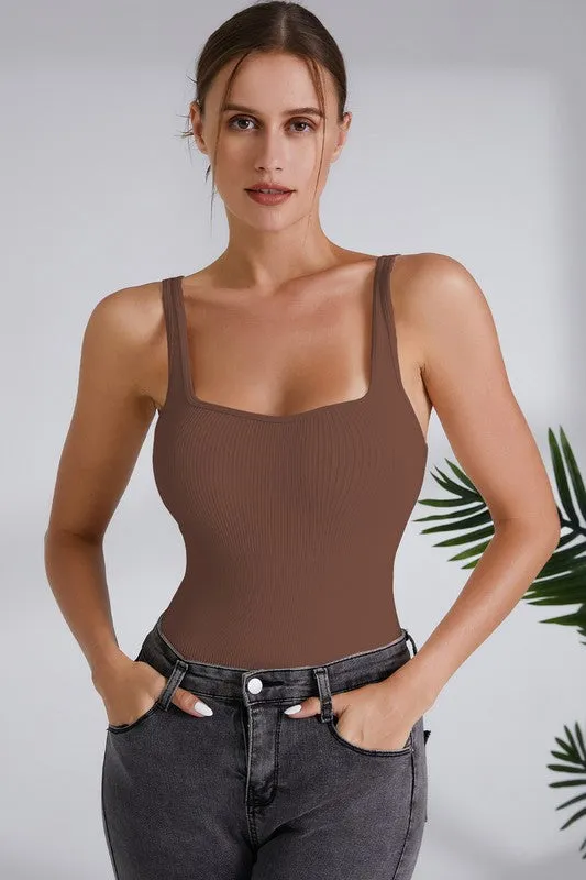 Coffee Seamless Ribbed Square Neck Tank Bodysuit