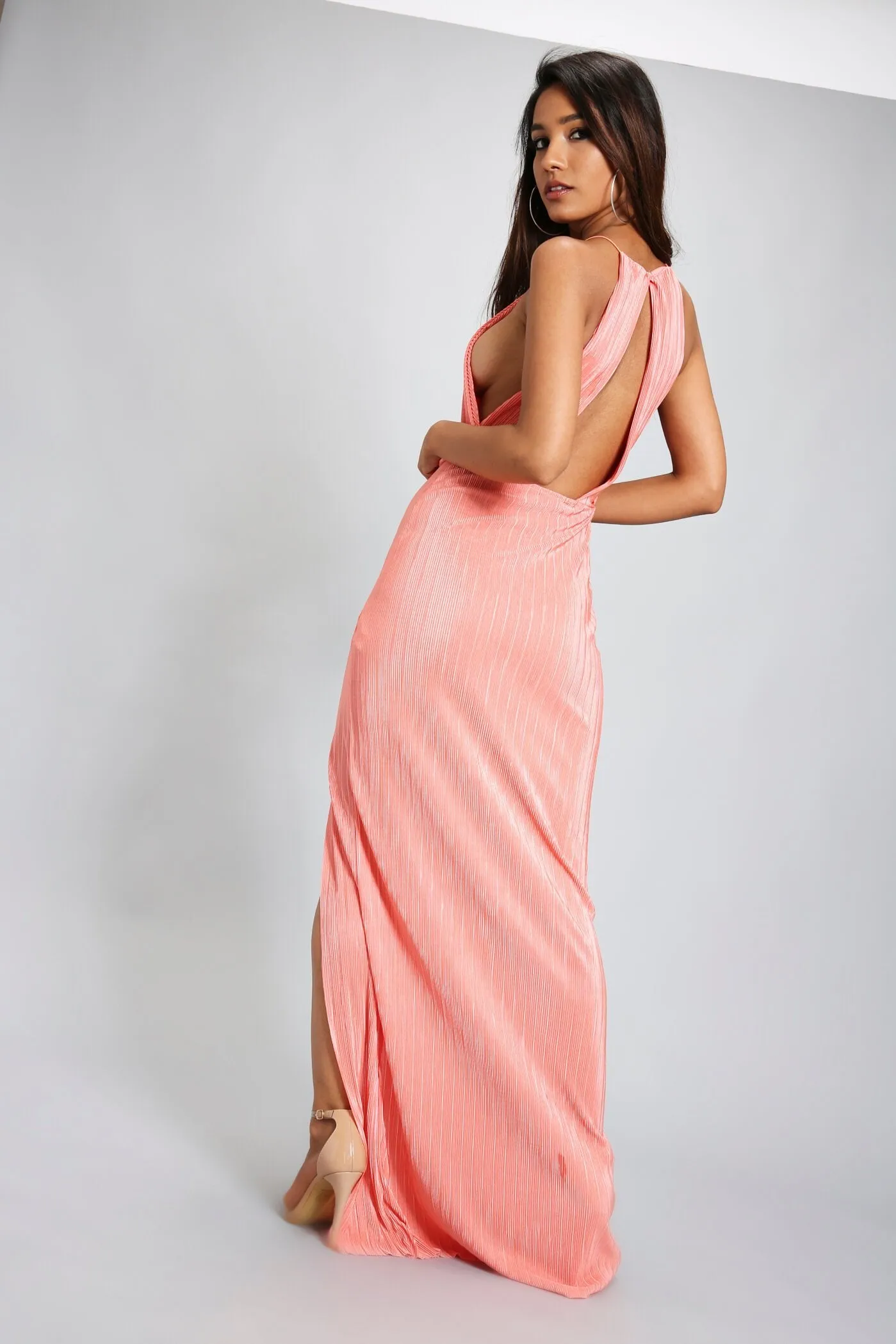 Coral Pleated Maxi Dress