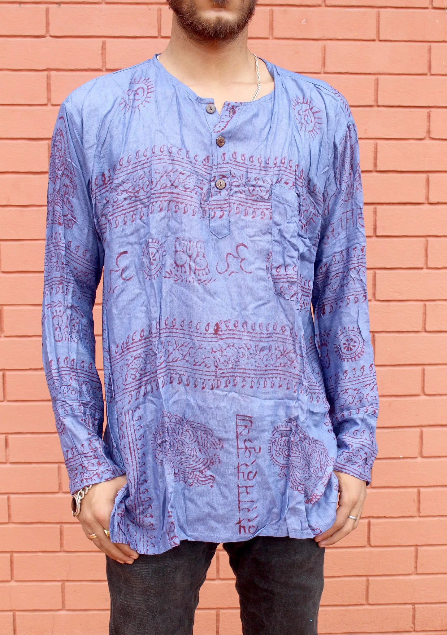 Dark Blue Cotton Om Prayer Shirt, Yoga shirt