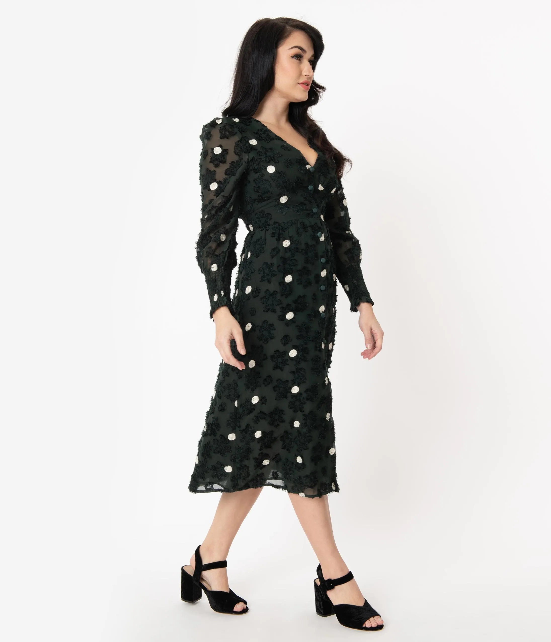 Dark Hunter Green & Ivory Polka Dot Flocked Midi Dress