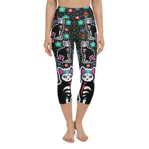 Day of the Dead Cat Print Yoga Capris