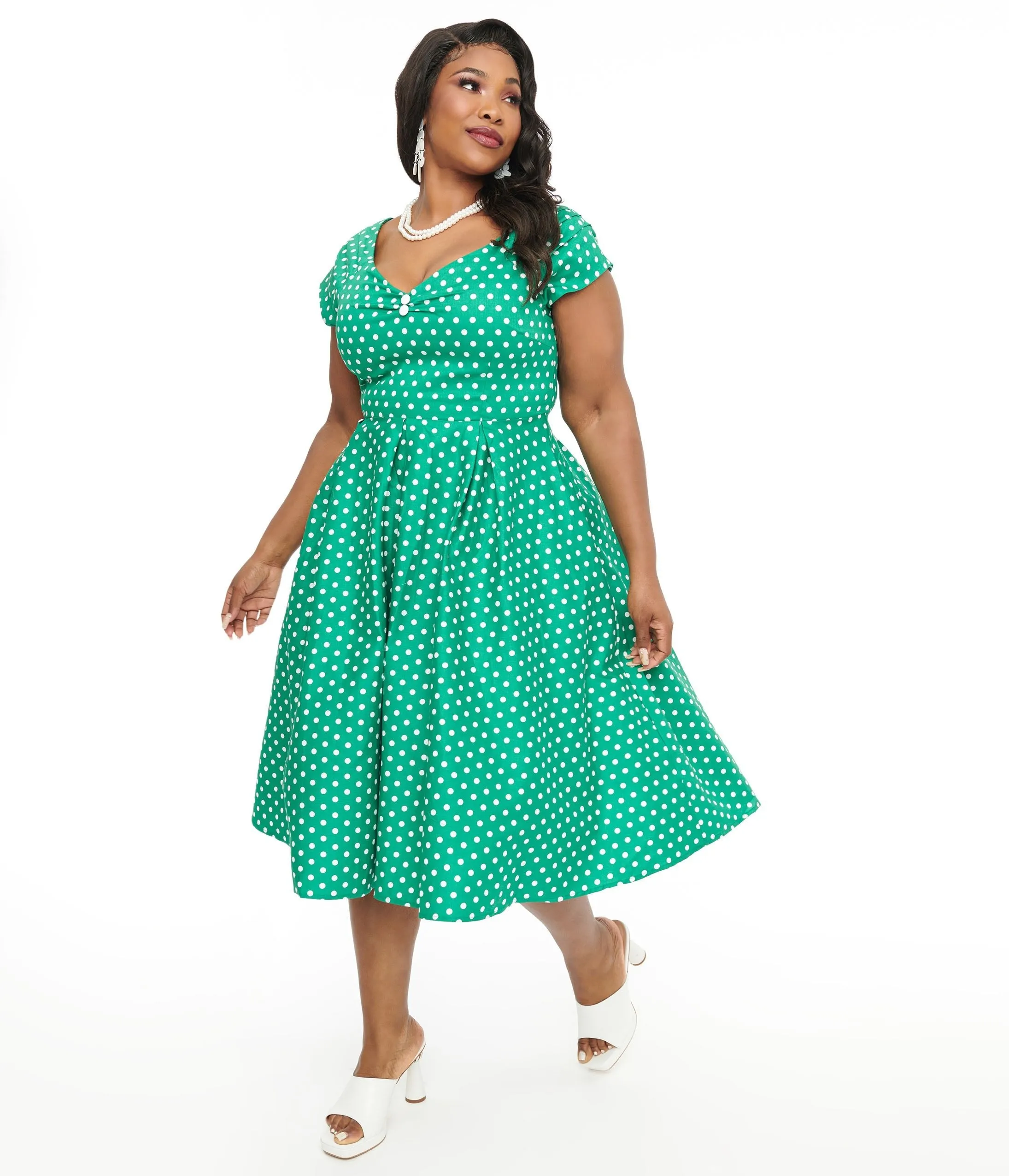 Dolly & Dotty 1950s Green & White Polka Dot Off The Shoulder Lily Swing Dress