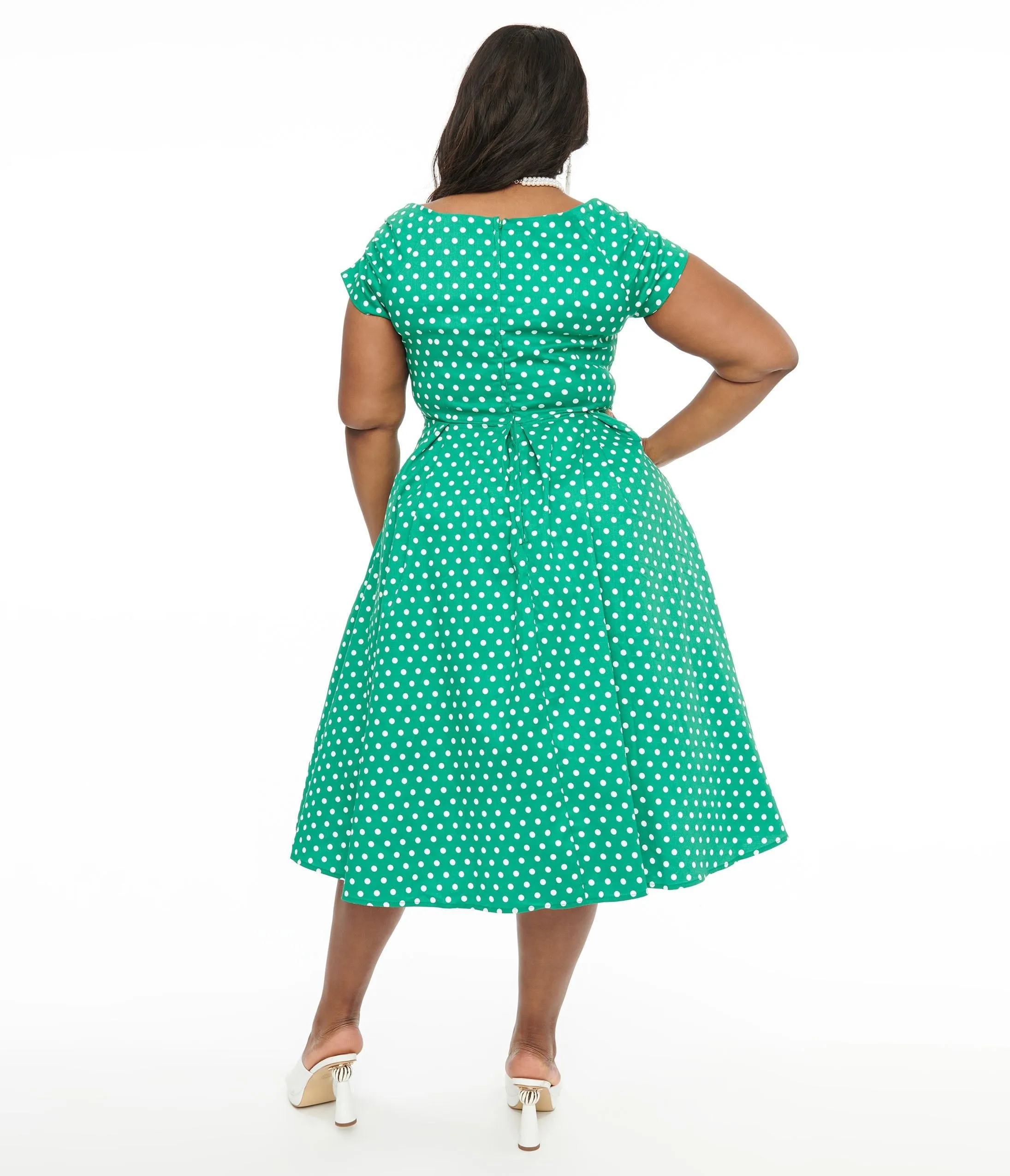 Dolly & Dotty 1950s Green & White Polka Dot Off The Shoulder Lily Swing Dress