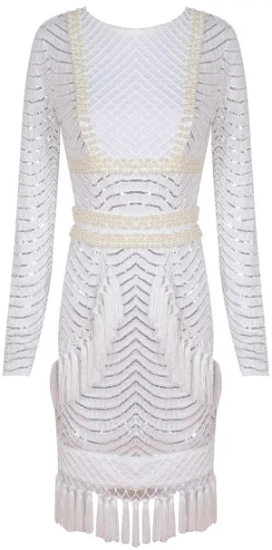 Embellished Tassel Macrame Overlay Dress, White