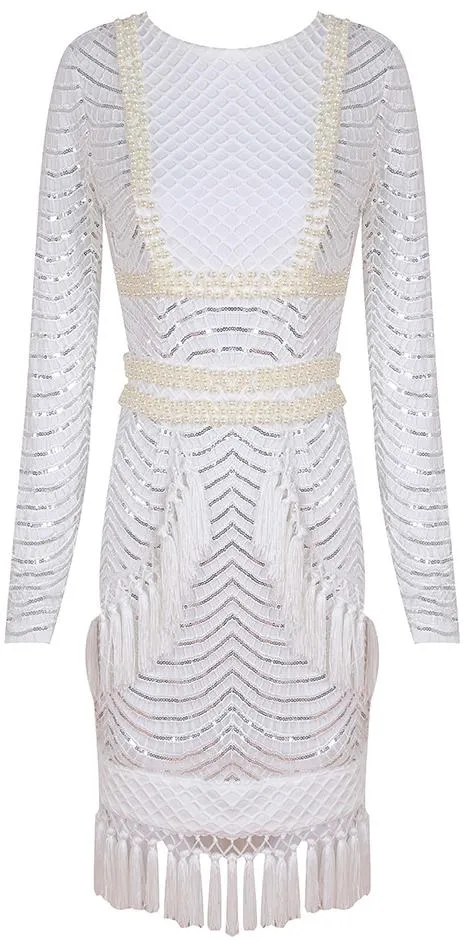 Embellished Tassel Macrame Overlay Dress, White