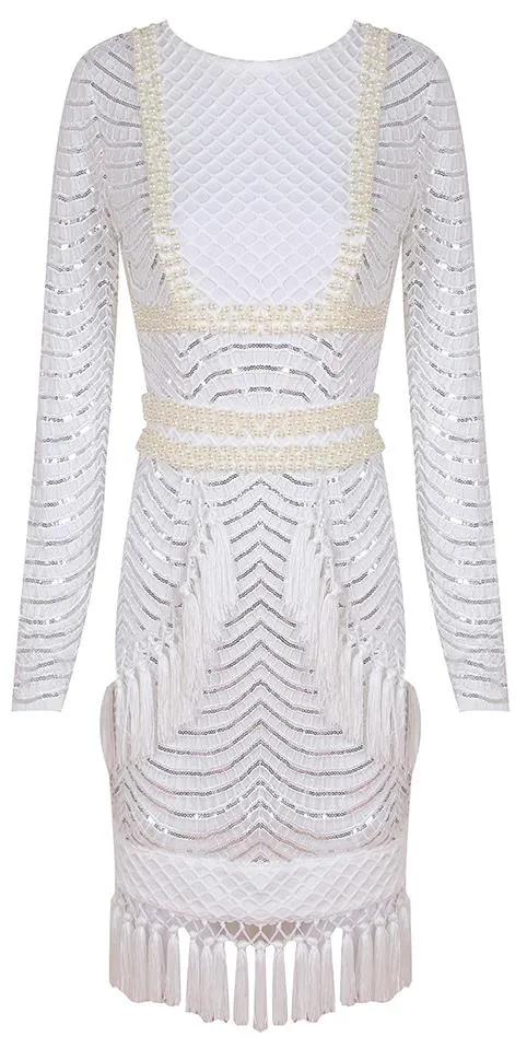 Embellished Tassel Macrame Overlay Dress, White