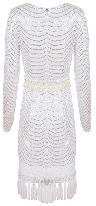 Embellished Tassel Macrame Overlay Dress, White