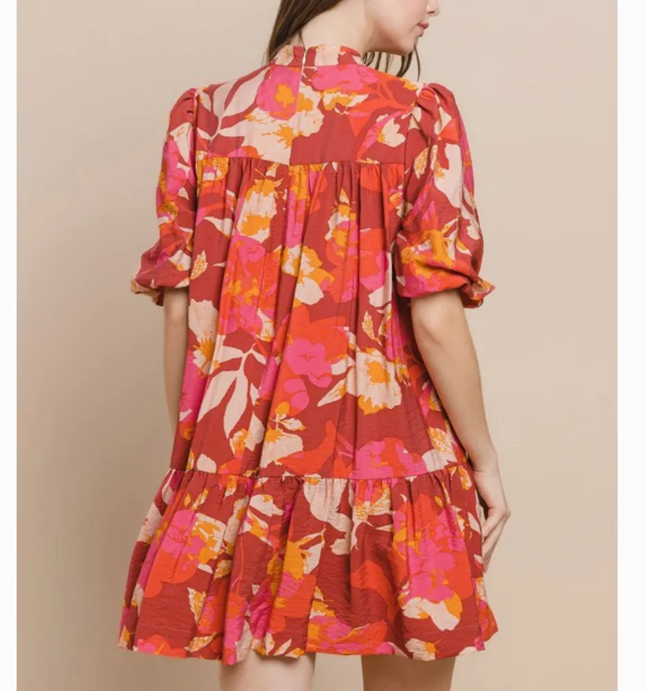 Falling in Florals Mock Neck Bow Detail Dress