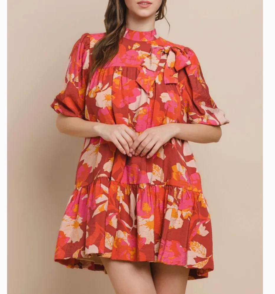 Falling in Florals Mock Neck Bow Detail Dress