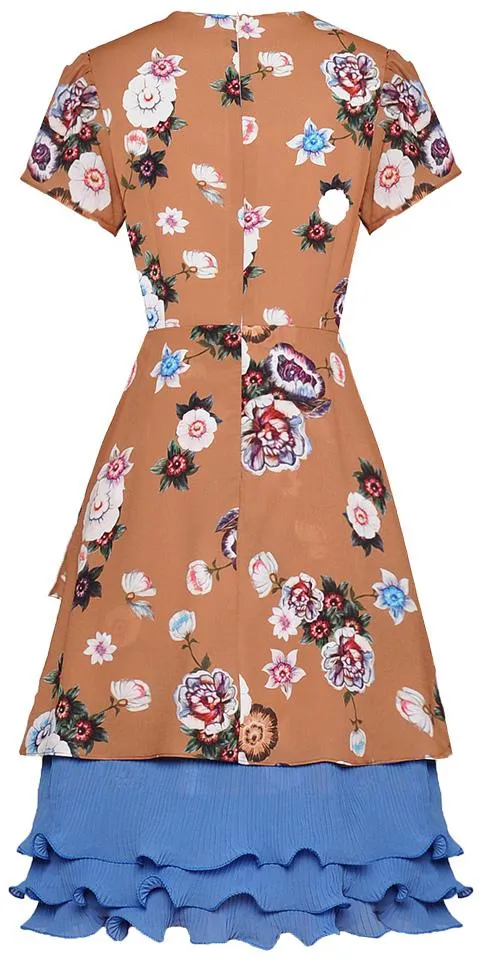 Floral Print Color-Contrast Ruffle Trim Dress