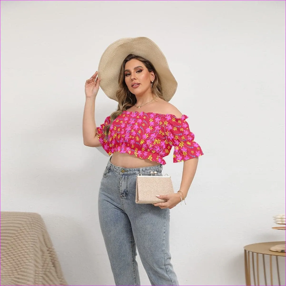 Floral Wear Womens Off-shoulder Cropped Top With Short Puff Sleeve