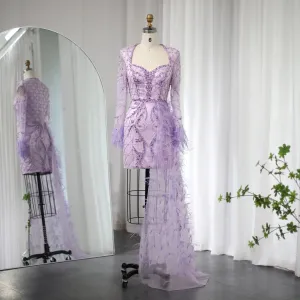 For Sale Lilac Short Evening Dresses with Feathers OverSkirt SS355