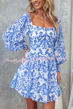 Formia Chiffon Unique Print Lantern Sleeve Back Smocked Mini Dress