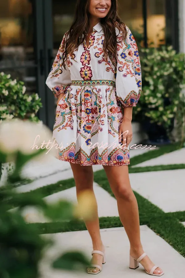 Fun and Vibrant Linen Blend Unique Print Puff Sleeve Pocketed Shirt Mini Dress