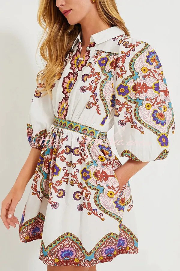 Fun and Vibrant Linen Blend Unique Print Puff Sleeve Pocketed Shirt Mini Dress