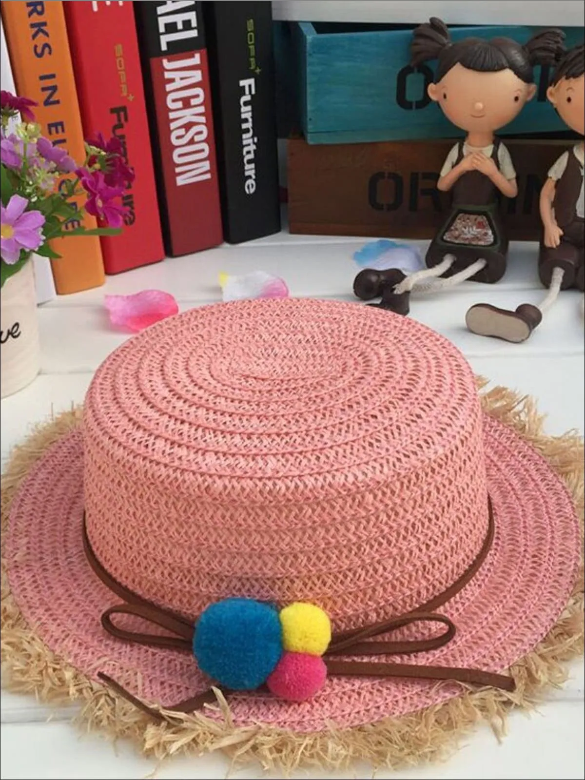 Girls Leather Banded Rainbow Pom Pom Embellished Straw Hat