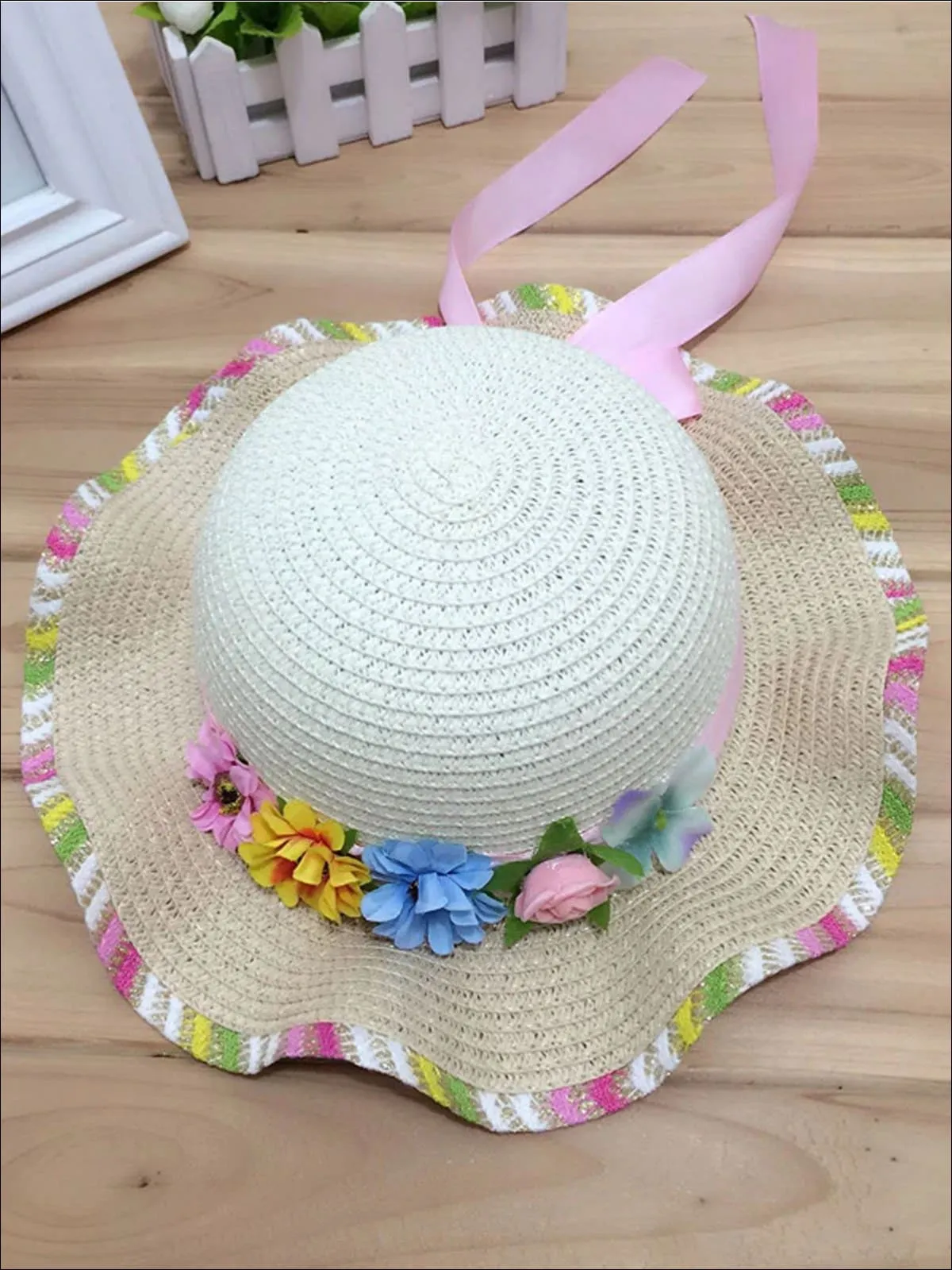 Girls Rainbow Floral Straw Hat