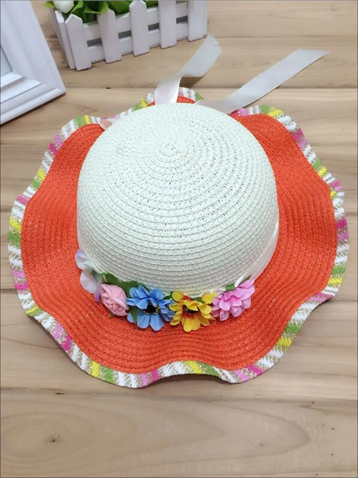 Girls Rainbow Floral Straw Hat