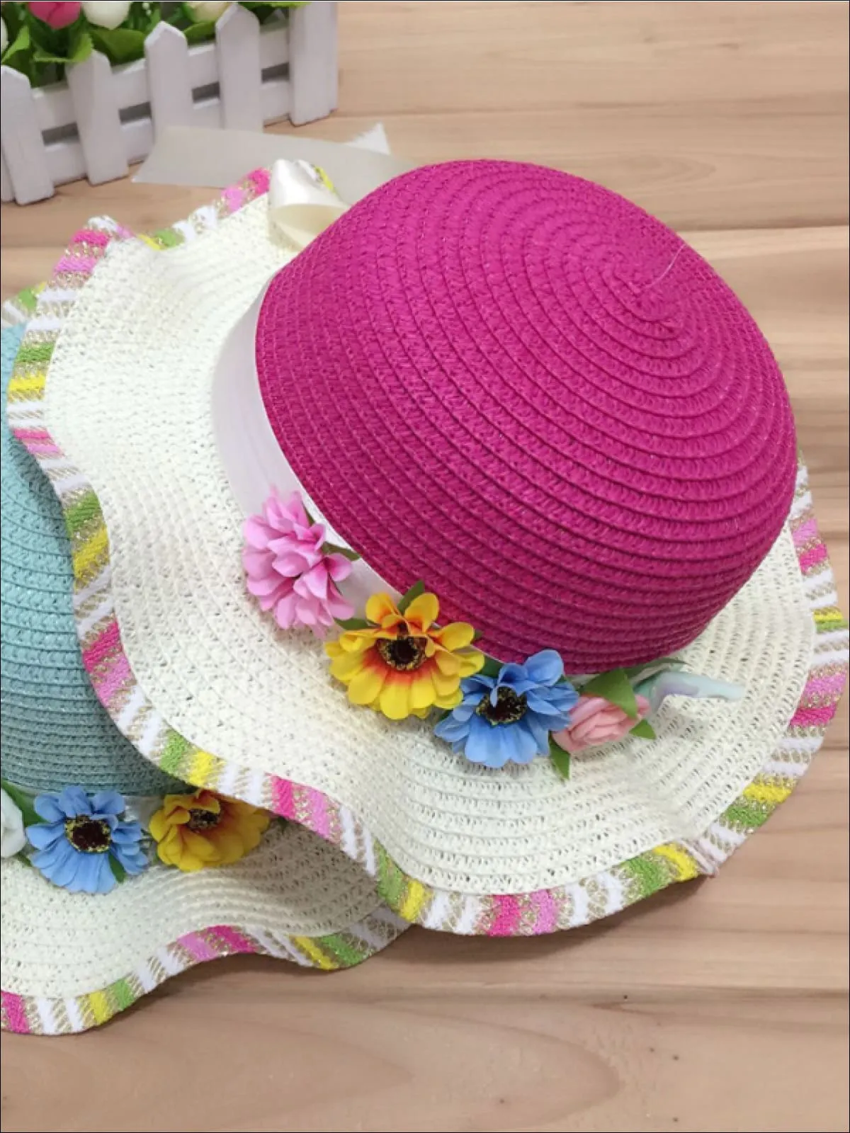 Girls Rainbow Floral Straw Hat